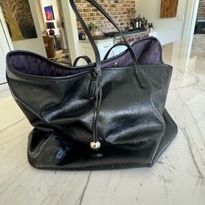 Furla tote bag large black patent leather with purple lining 15x14x8 and 8” drop